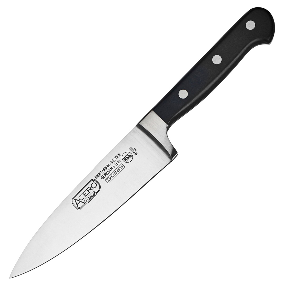 Winco KFP-60 Acero 6-inch Chef's Knife with black POM handle and German steel blade on white background