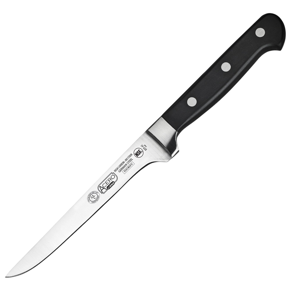 Winco KFP-61 Acero 6-inch boning knife with black POM handle and triple rivets, narrow stiff high-carbon German steel blade