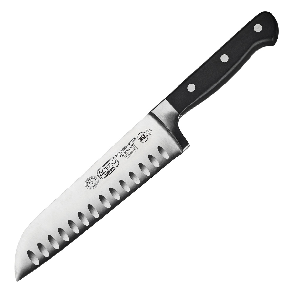 Winco KFP-70 Acero 7-inch Santoku knife with Granton edge blade and riveted black POM handle