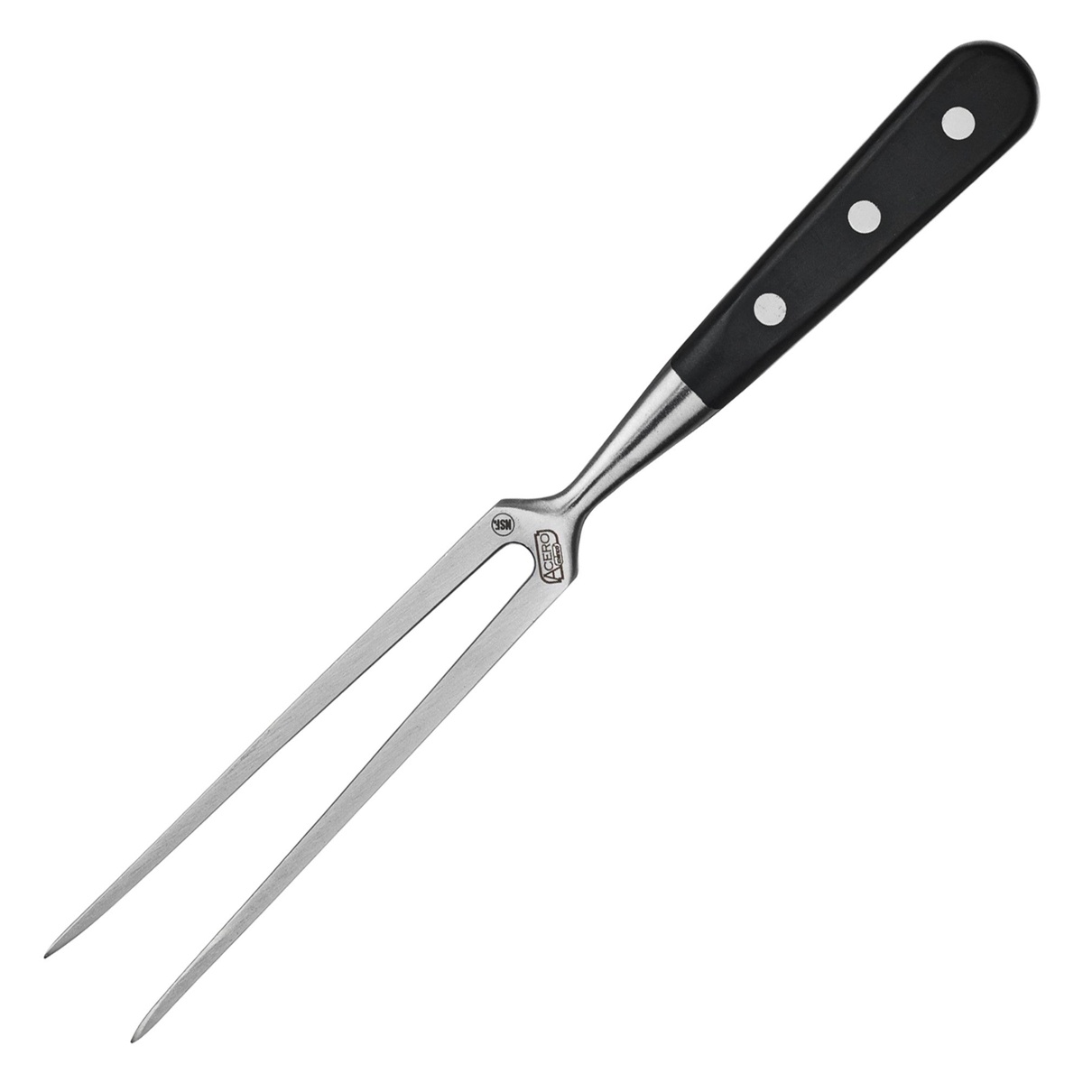 Winco KFP-71 Acero 12-inch straight cook's fork with two-tine stainless steel blade and black POM handle with three rivets