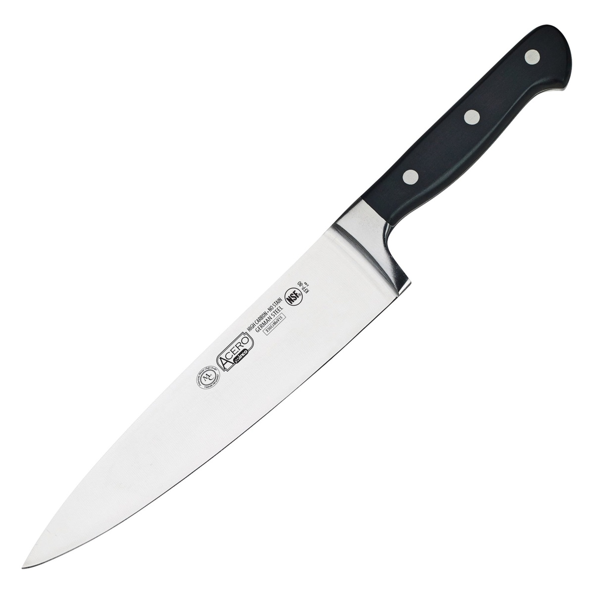 Winco Acero 8 inch Chef Knife with black triple riveted handle and forged blade