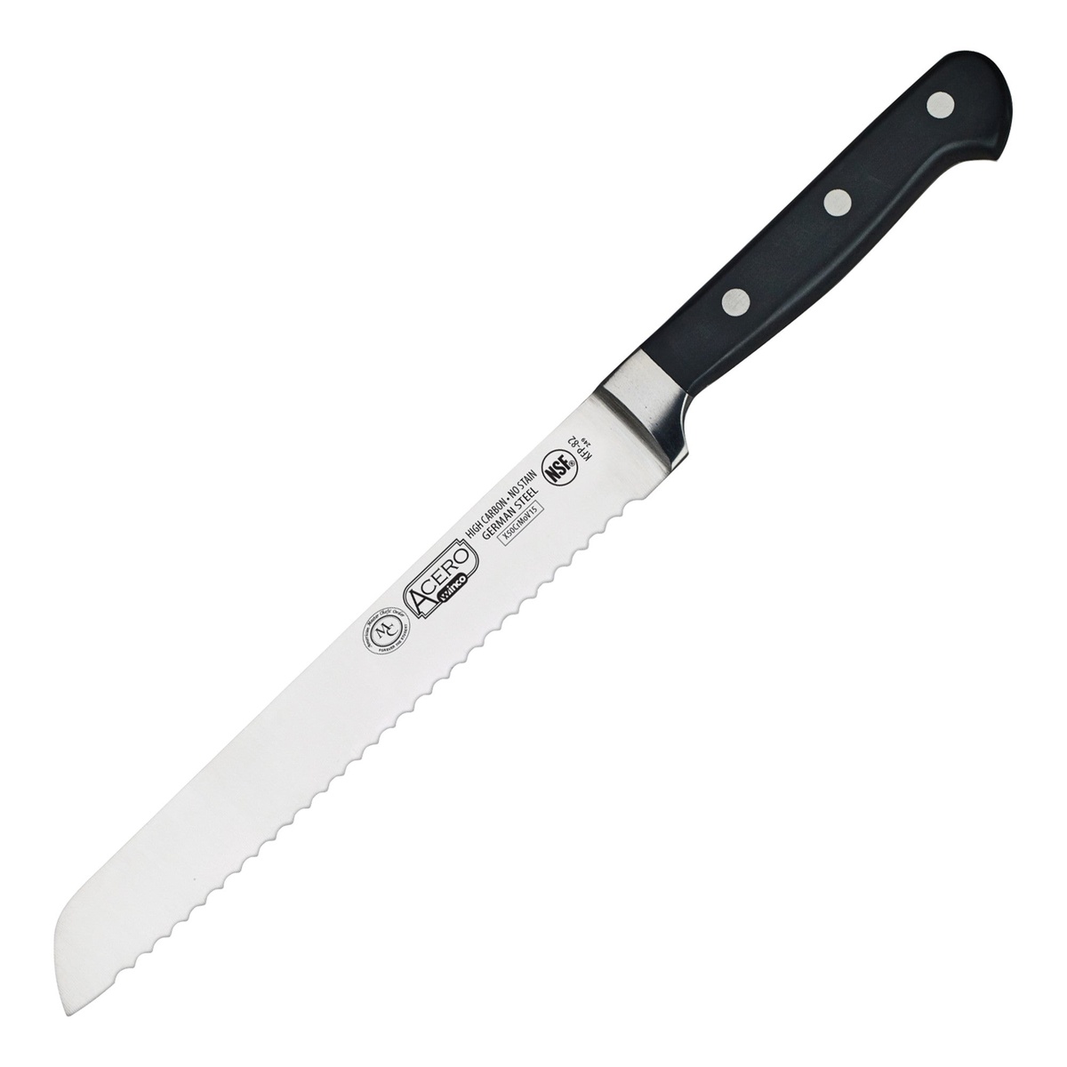 Winco Acero KFP-82 8-inch serrated bread knife with black POM handle and forged stainless steel blade