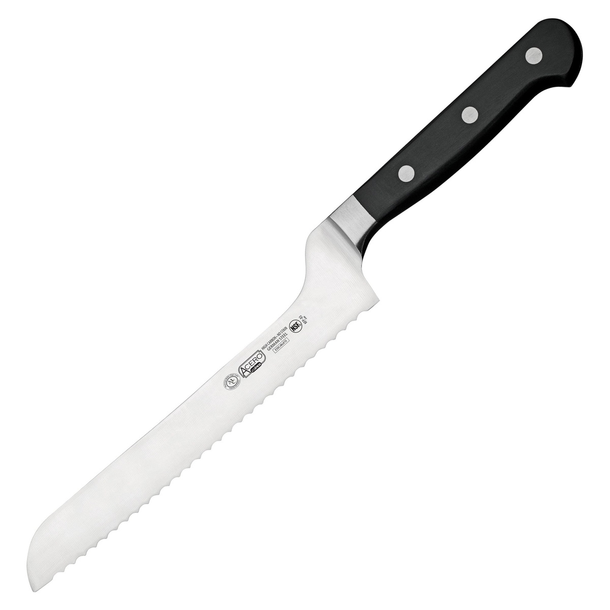 Winco KFP-83 Acero 8-inch offset bread knife with serrated blade and black POM handle