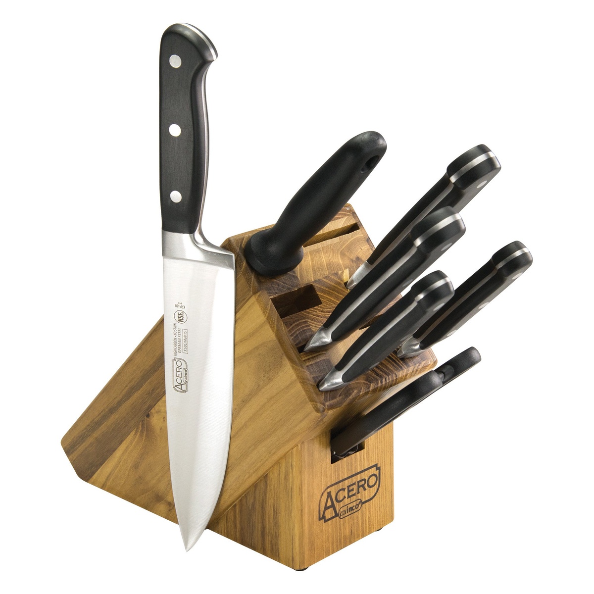 Winco KFP-BLKA Acero 8-piece knife block set with multiple knives stored in a hardwood block