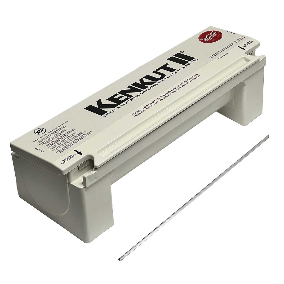 TableCraft KK6 Kenkut II dispenser with lid open and removable metal safety blade placed alongside, shown on white background