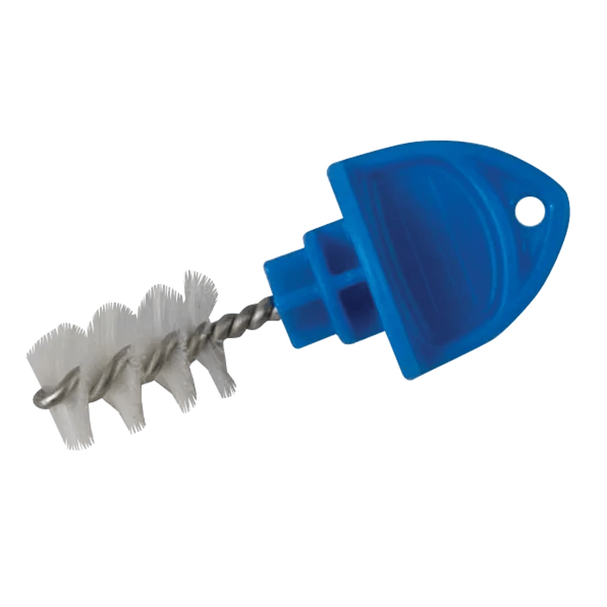 San Jamar Kleen Plug blue plastic cap with nylon bristle brush on white background