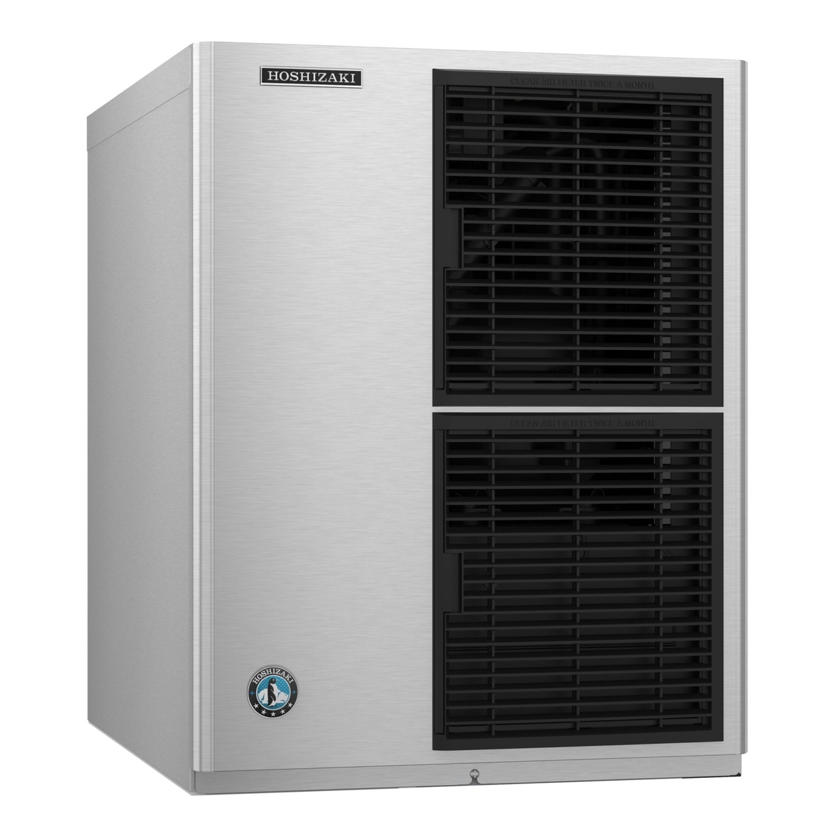 Hoshizaki KM-520MAJ modular crescent cube ice machine head, angled view showing stainless steel exterior and air-cooled condenser grilles