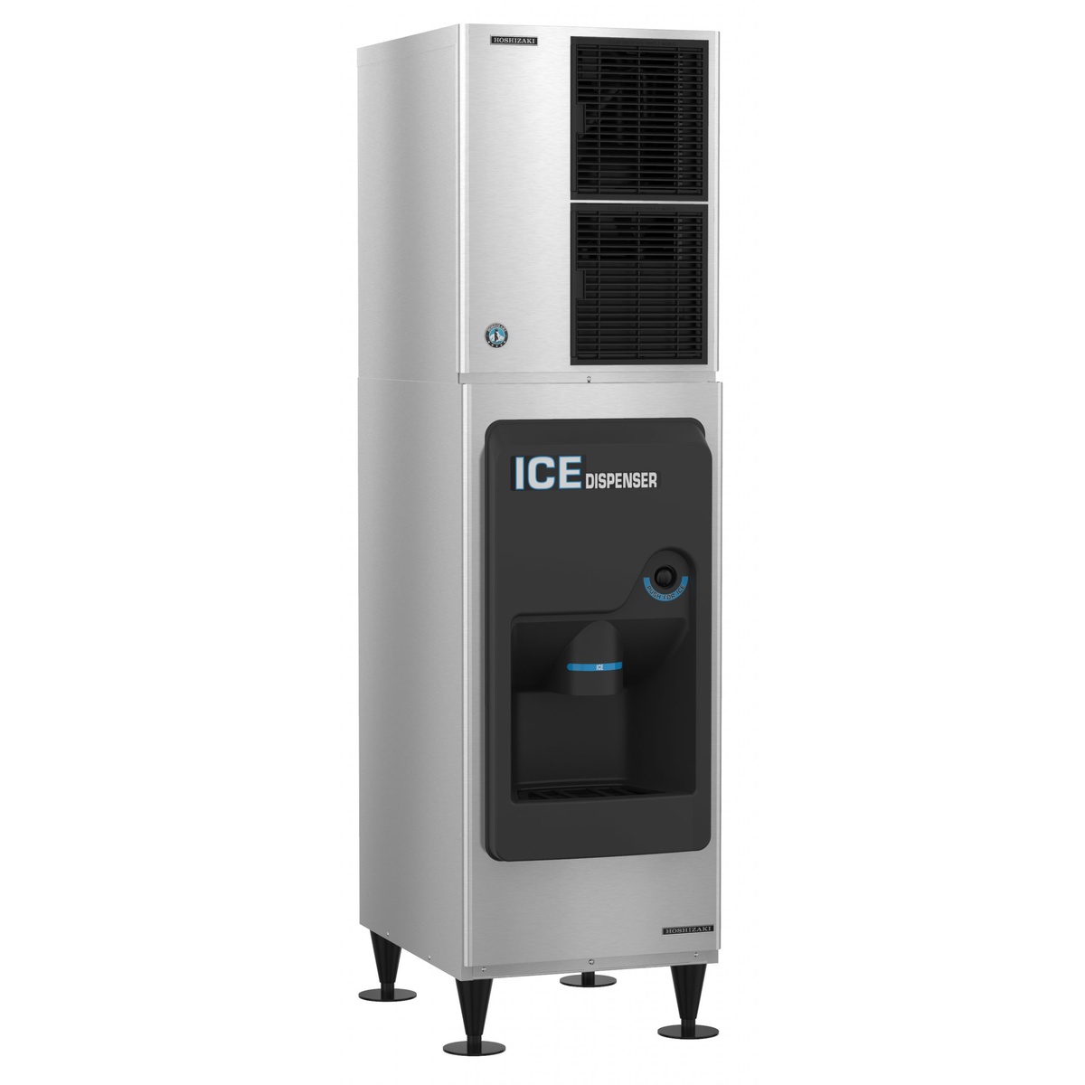 Hoshizaki KM-520MAJ ice machine head paired with DB-130H ice dispenser unit, angled view