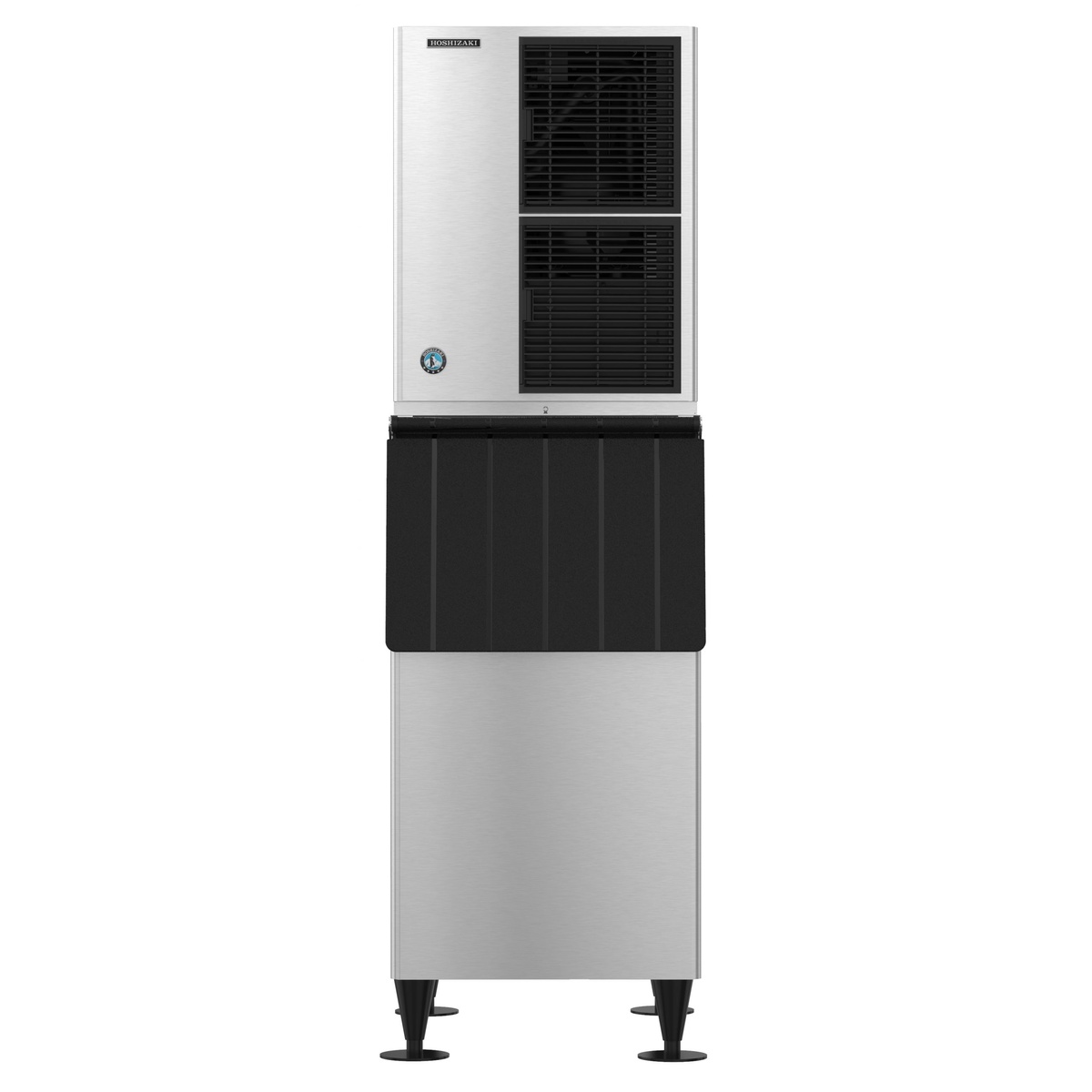 Hoshizaki KM-520MAJ ice machine head mounted on a B-300SF ice storage bin, front view