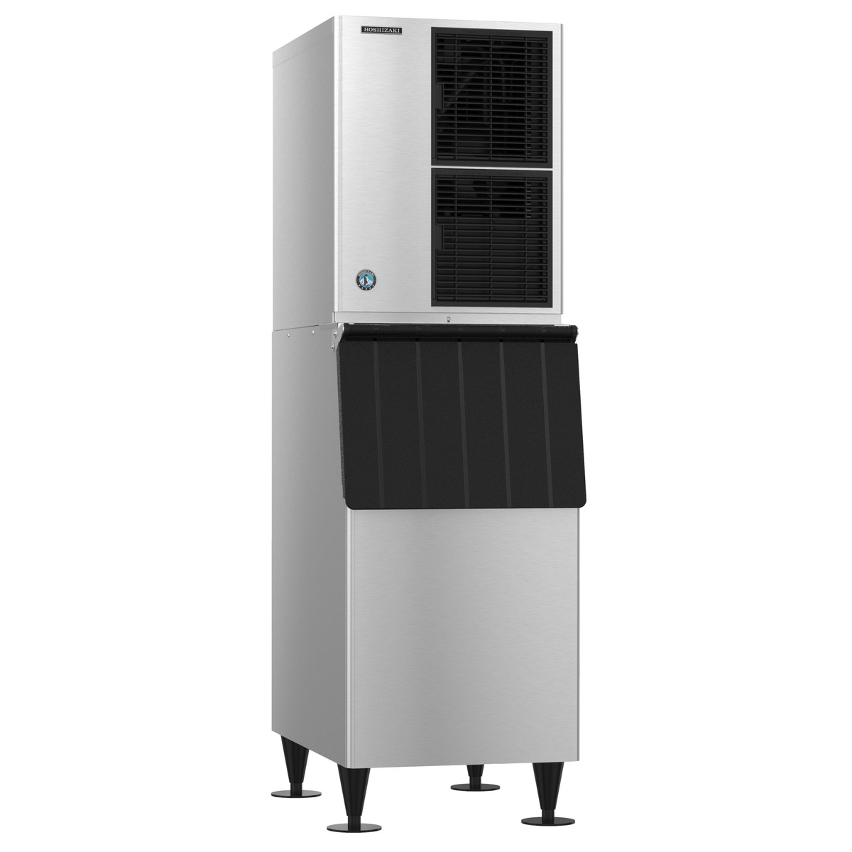 Hoshizaki KM-520MAJ ice machine head on B-300SF storage bin, angled view showing full stainless steel unit