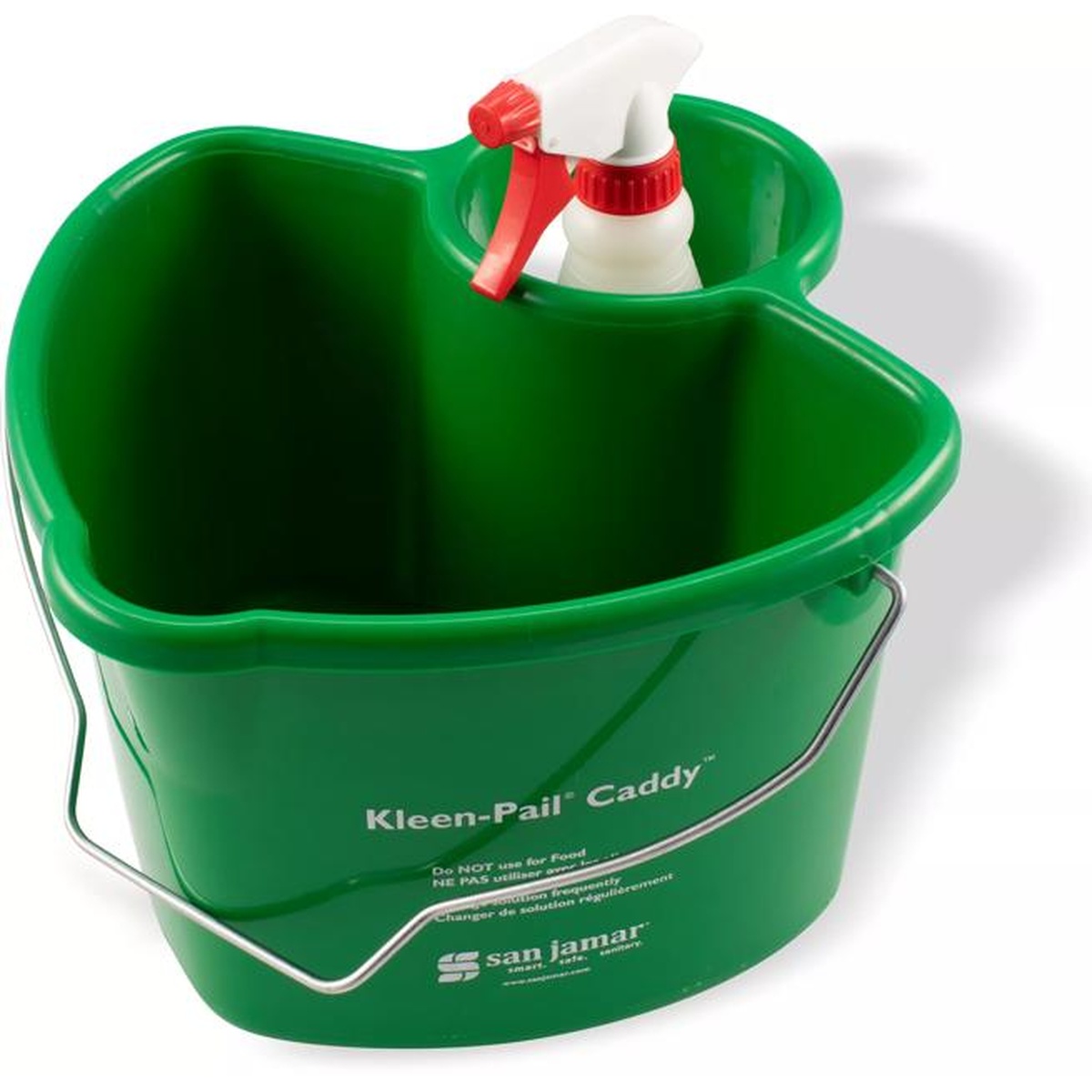 San Jamar Kleen-Pail Caddy angled front view with spray bottle seated in holder showing branding and instruction text