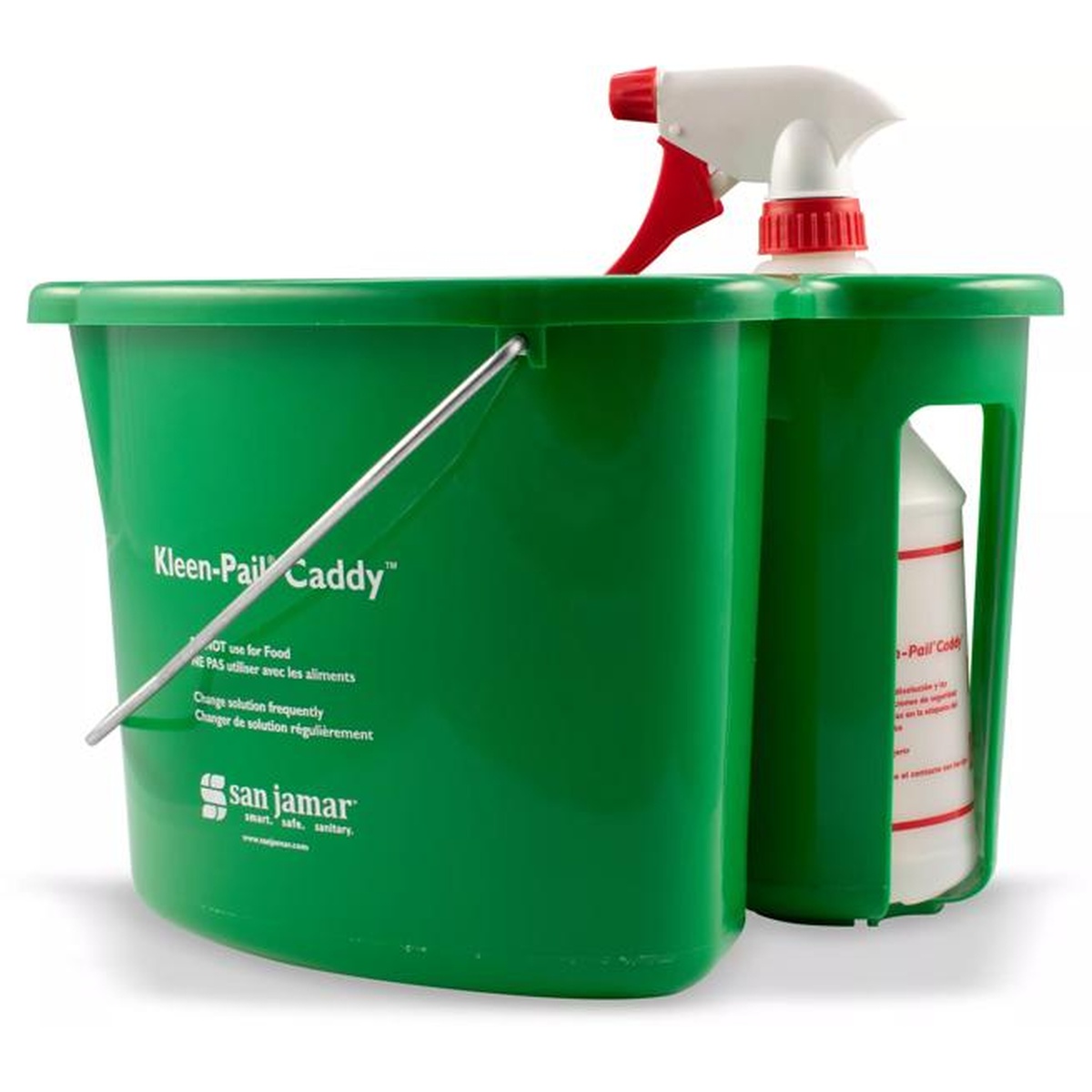 San Jamar Kleen-Pail Caddy green pail with spray bottle attached in side holder