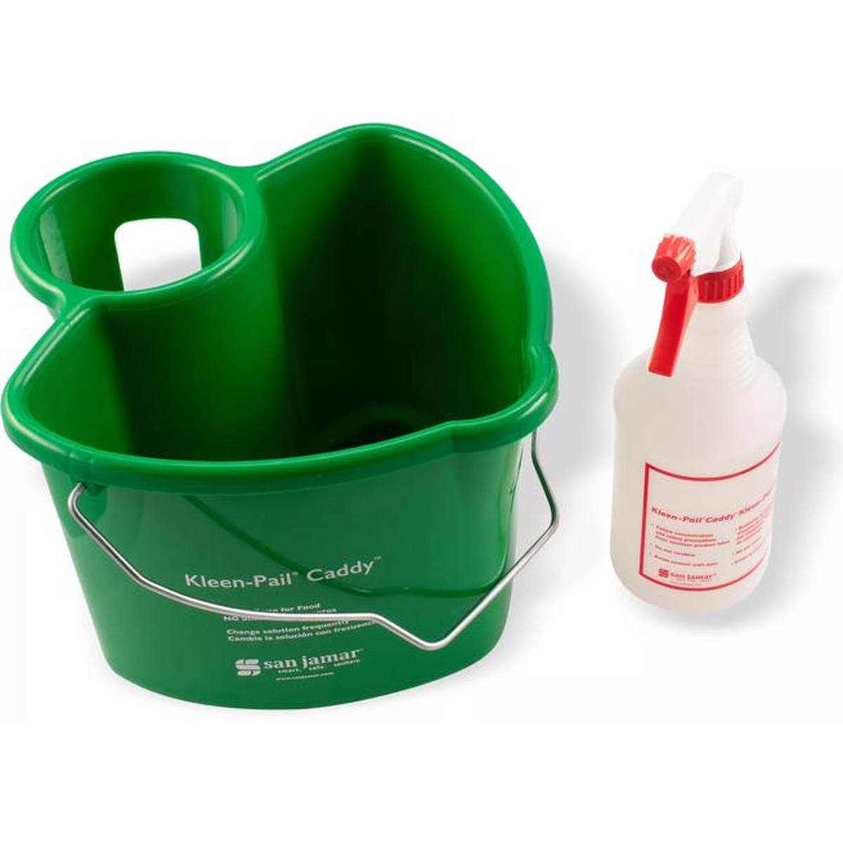 San Jamar Kleen-Pail Caddy shown separated from the 24 oz spray bottle, top-angled view