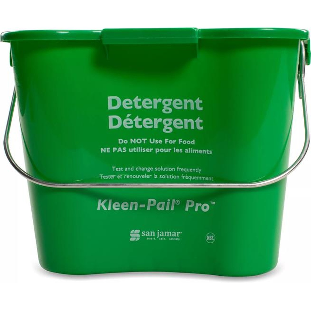 San Jamar Kleen-Pail Pro 3 Qt green pail front view showing Detergent label and NSF certification mark