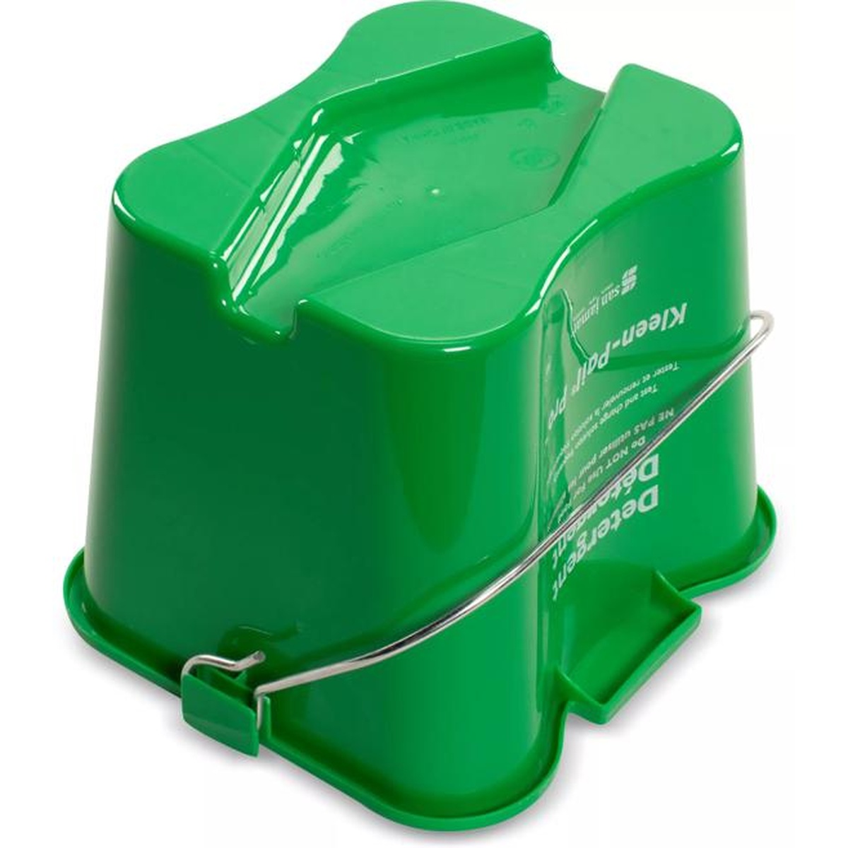 San Jamar Kleen-Pail Pro 3 Qt green pail angled side view highlighting metal bail handle and curved body design