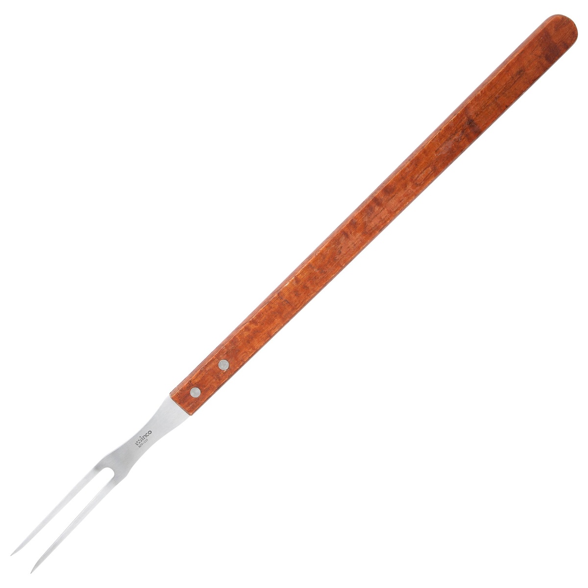 Winco KPF-210 pot fork with two stainless steel tines and a riveted wooden handle