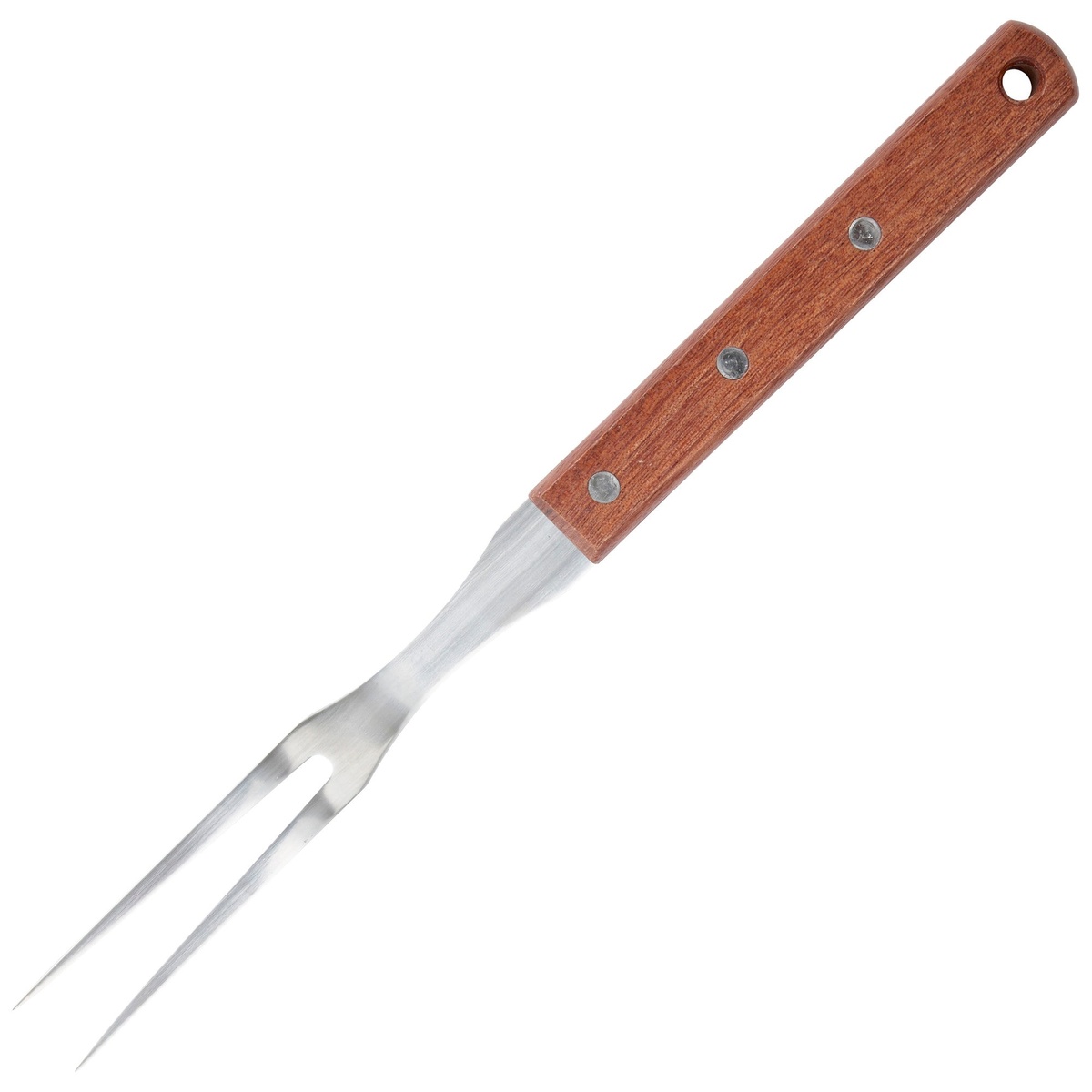 Winco KPF-612 pot fork with two stainless steel tines and riveted wooden handle on white background