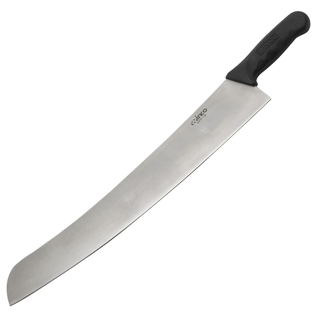 Winco KPP-18 18-inch pizza knife with stainless steel blade and black polypropylene handle on white background