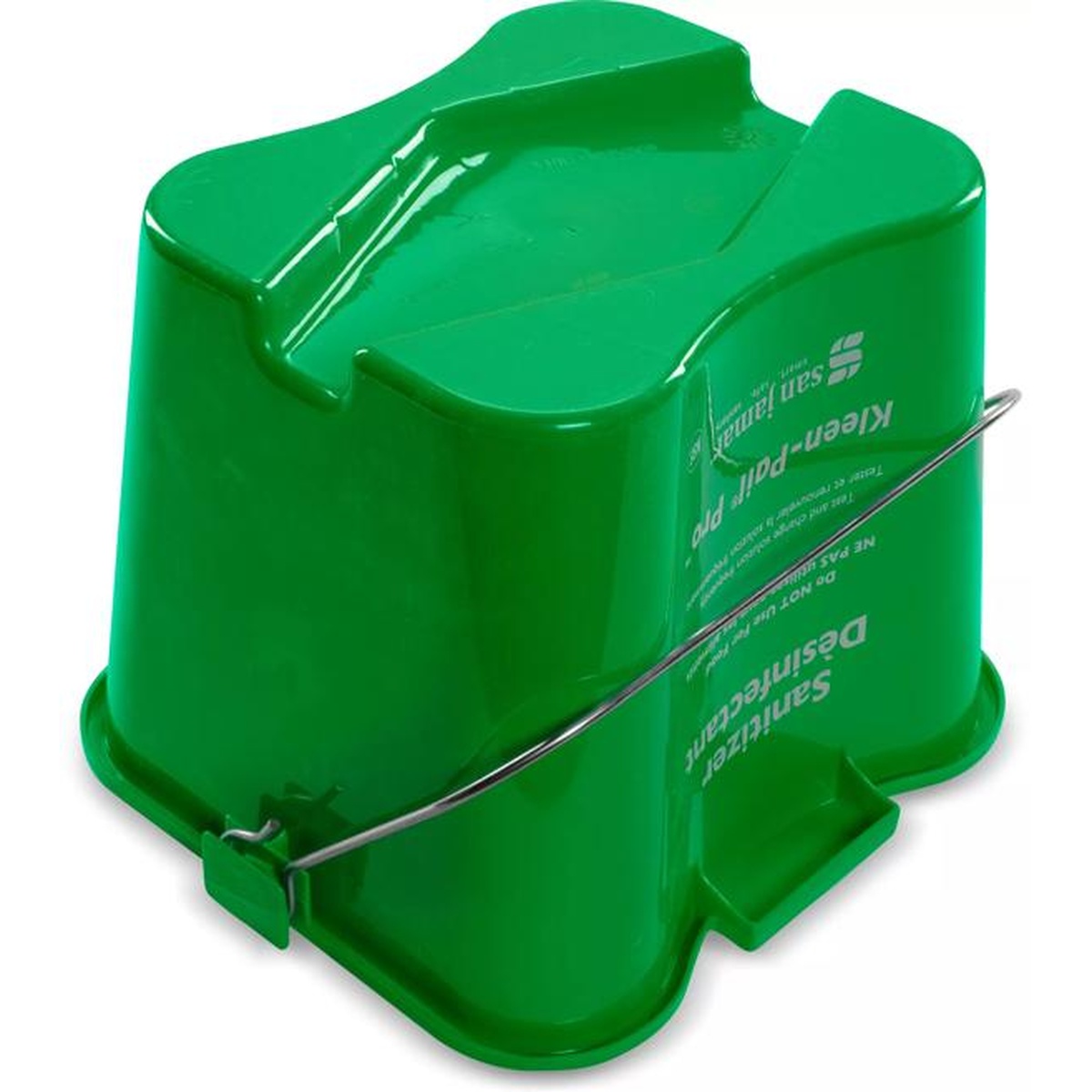 Bottom view of green Kleen-Pail Pro pail showing base and wire handle
