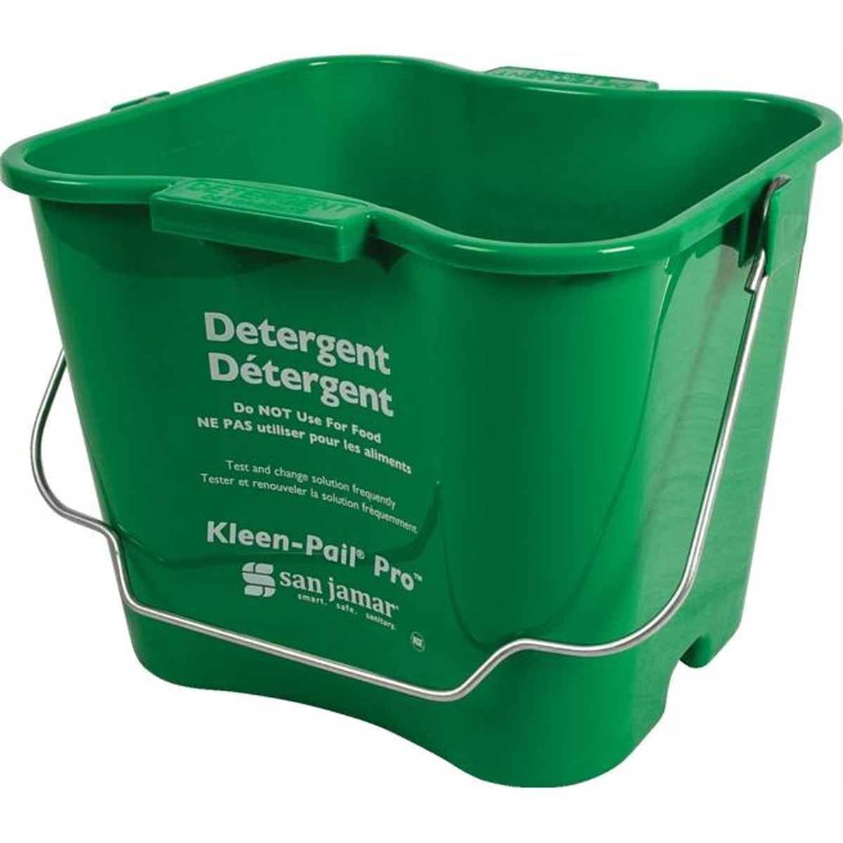 Angled view of green Kleen-Pail Pro 6 quart detergent pail showing bail handle