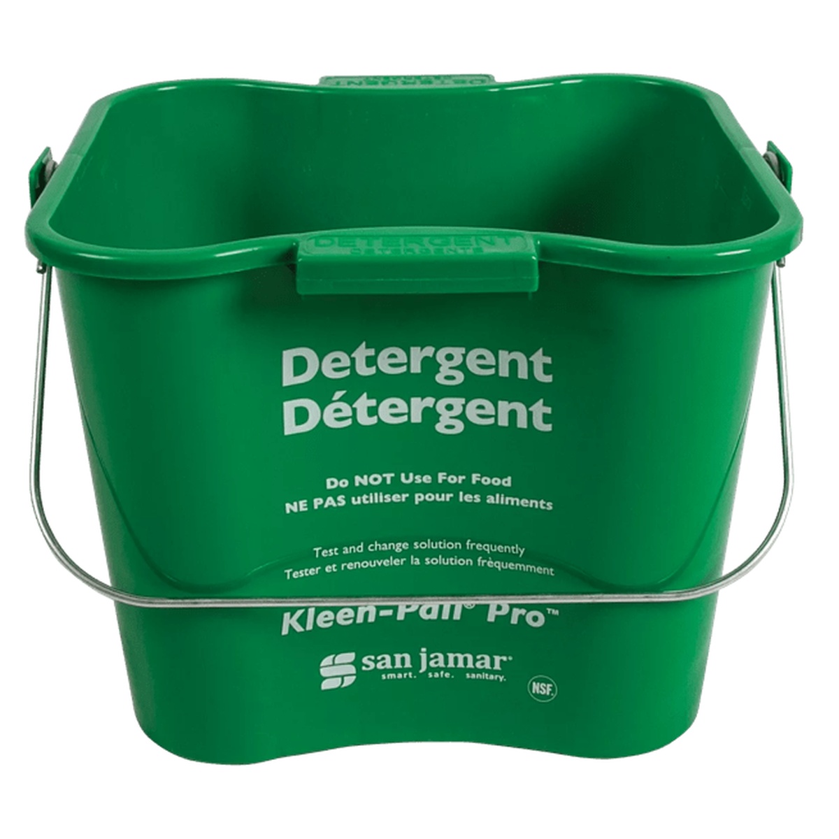 Centered front view of green Kleen-Pail Pro detergent pail with large detergent text