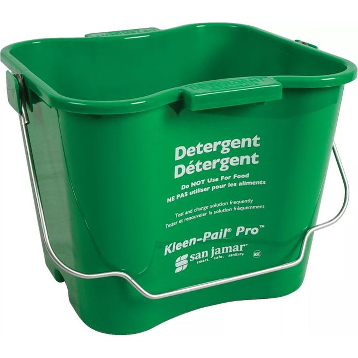 Side view of green Kleen-Pail Pro 6 quart detergent pail showing wide opening