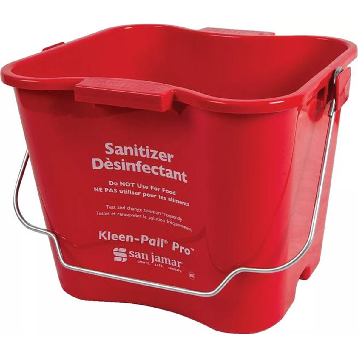 San Jamar Kleen-Pail Pro 6 Quart red sanitizer pail three-quarter view with trilingual labeling