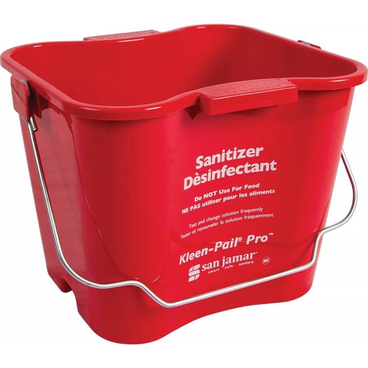 San Jamar Kleen-Pail Pro 6 Quart red sanitizer pail side angle showing molded handles and bail