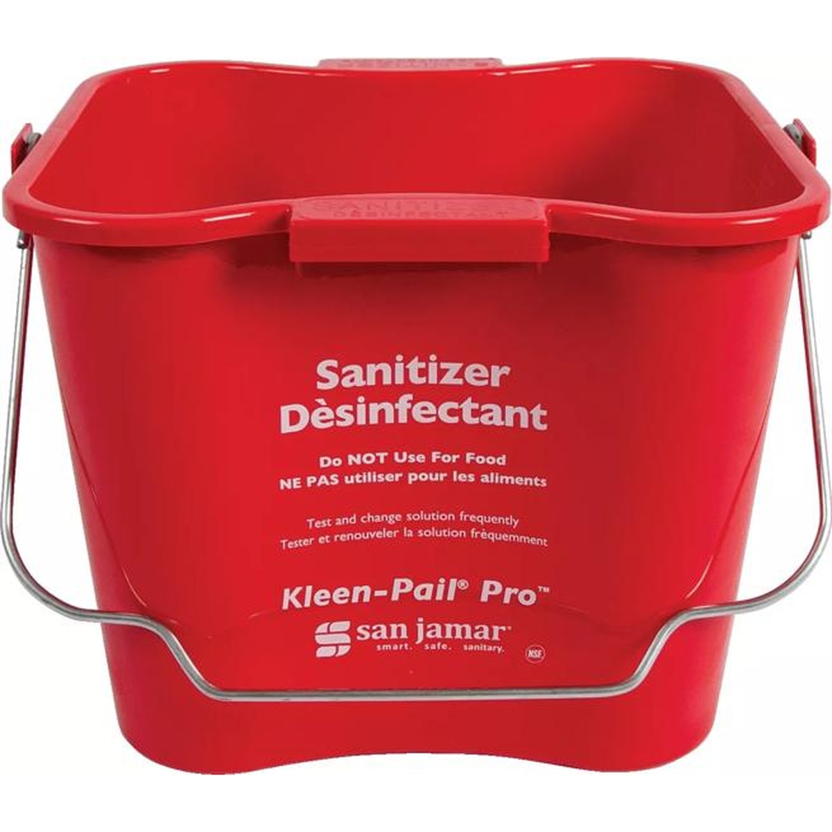 San Jamar Kleen-Pail Pro 6 Quart red sanitizer pail front view with bail handle