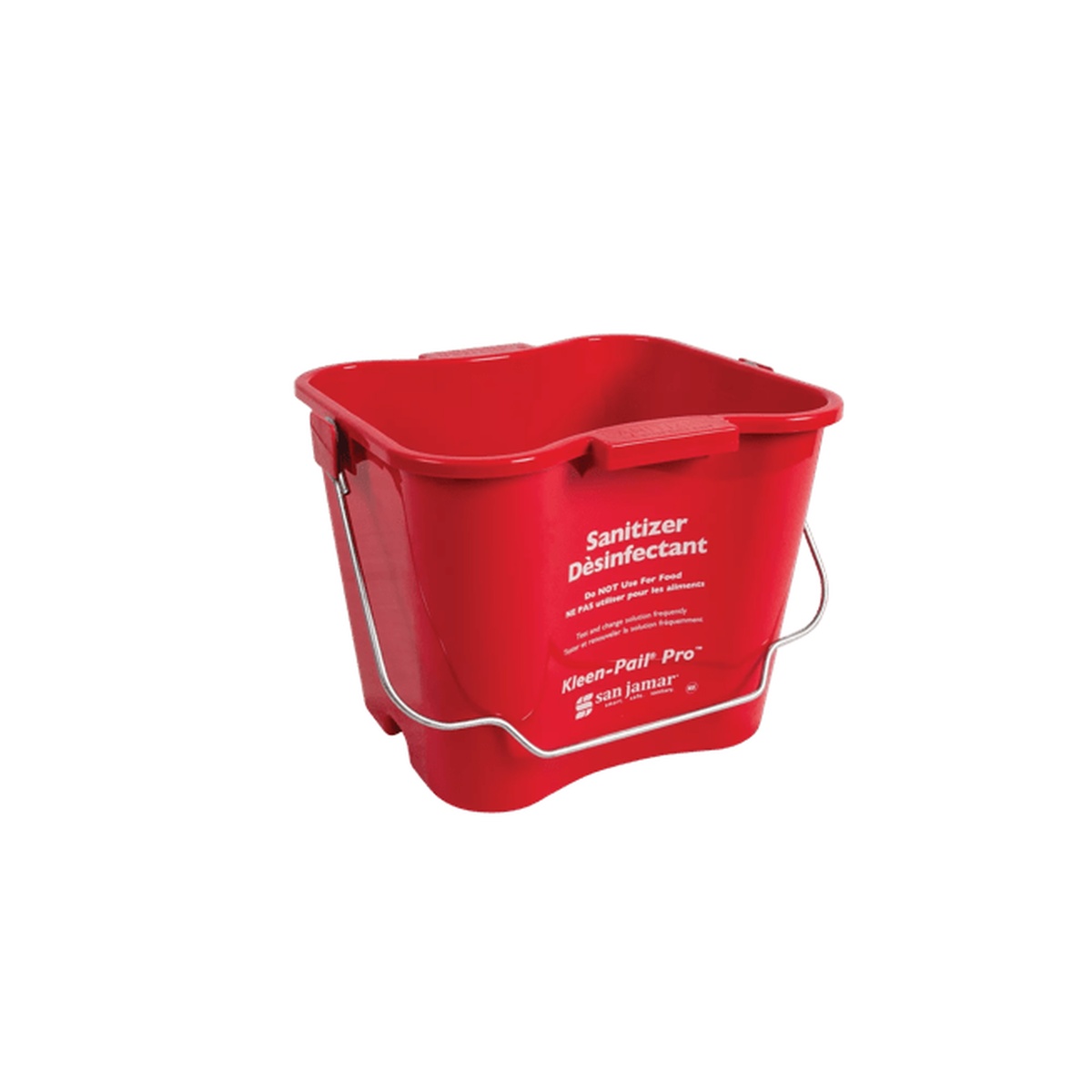 San Jamar Kleen-Pail Pro red sanitizer pail angled view showing squared body and metal bail handle