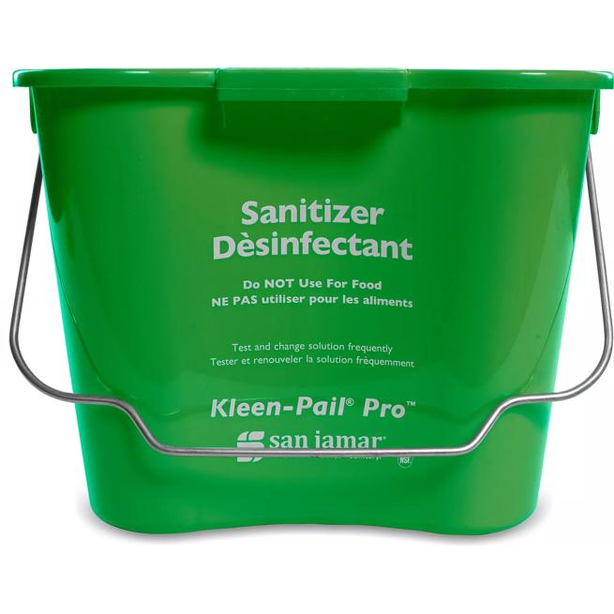 San Jamar Kleen-Pail Pro 8 Qt green pail front view showing Sanitizer Desinfectant labeling and bail handle