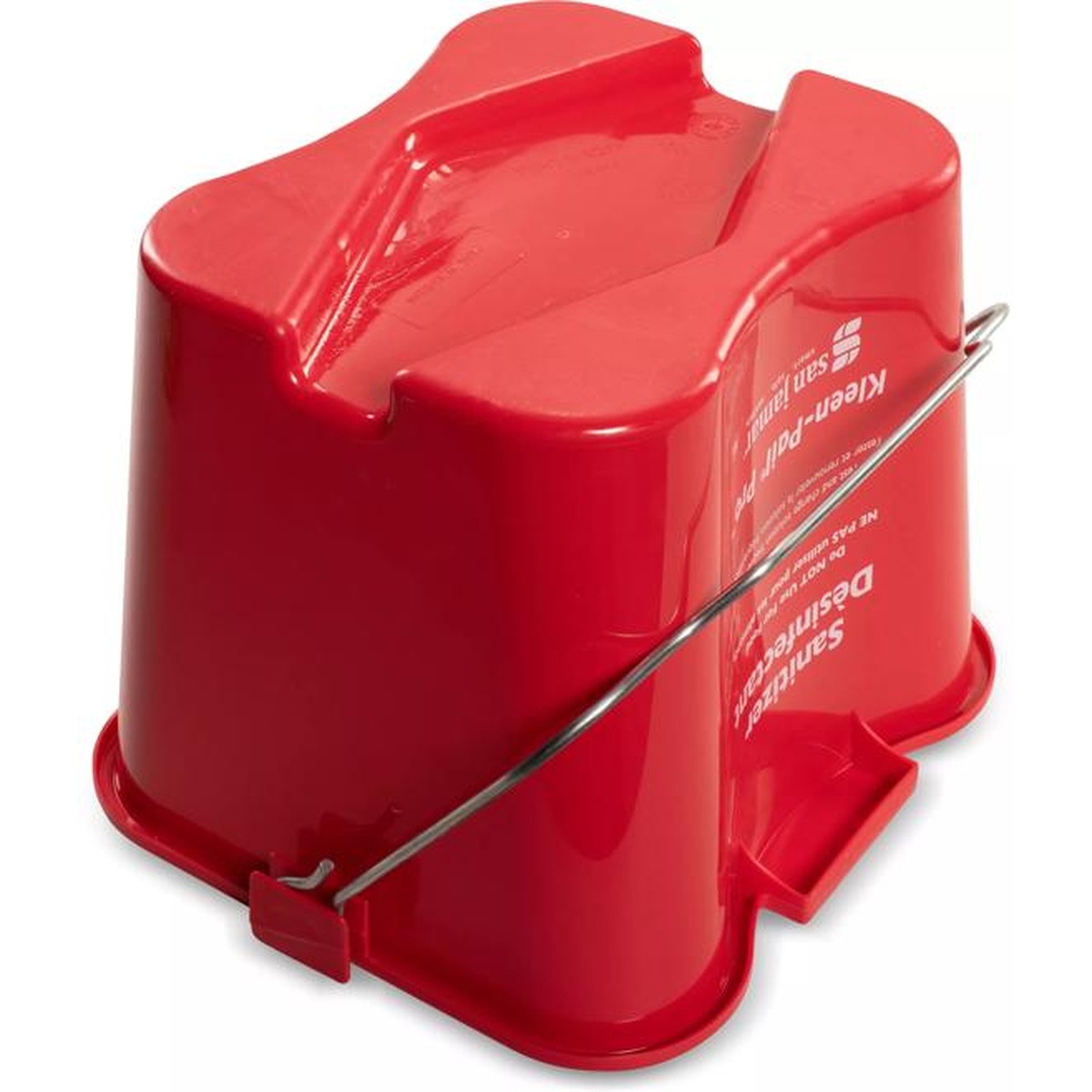 San Jamar Kleen-Pail Pro red sanitizing bucket top-angle view showing bail handle and molded side handles