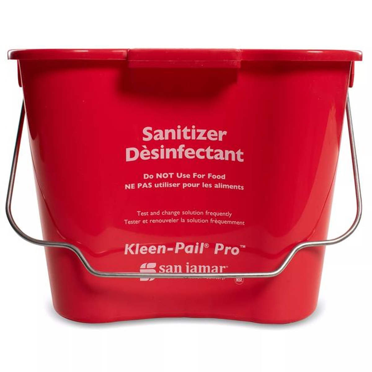 San Jamar Kleen-Pail Pro red sanitizing bucket front view showing full exterior labeling and NSF certification mark