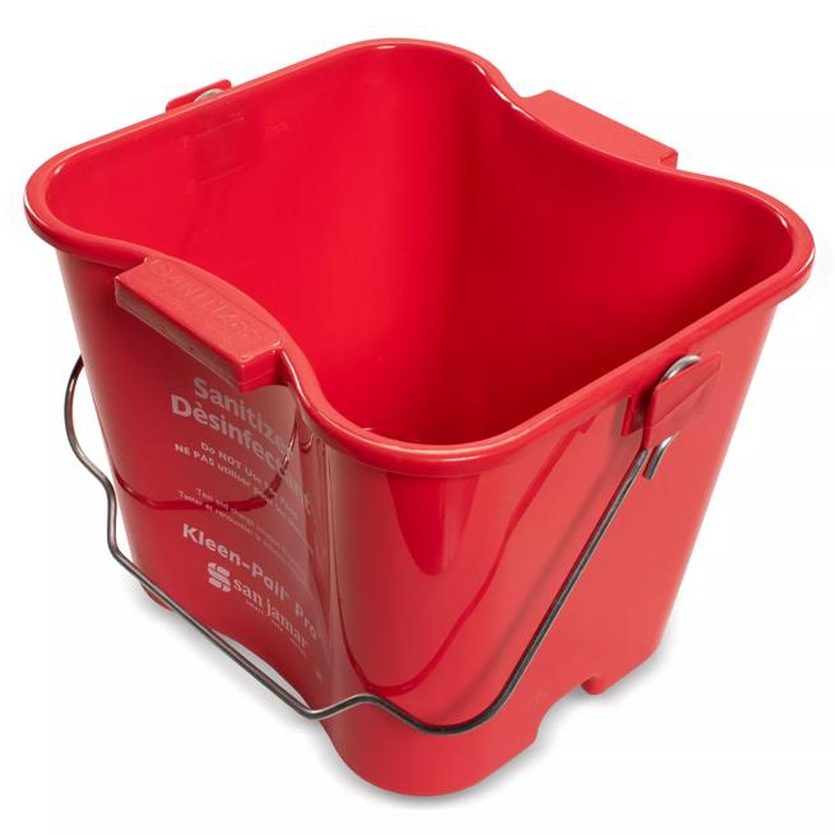 San Jamar Kleen-Pail Pro red sanitizing bucket top-open view showing interior graduated markings and built-in ribs