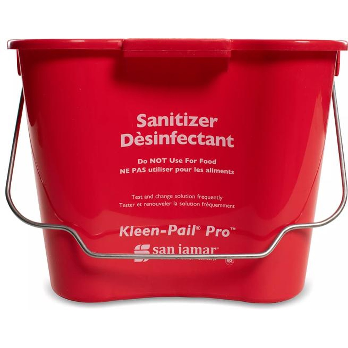 San Jamar Kleen-Pail Pro red bucket front view showing Sanitizer and Desinfectant trilingual labeling with bail handle