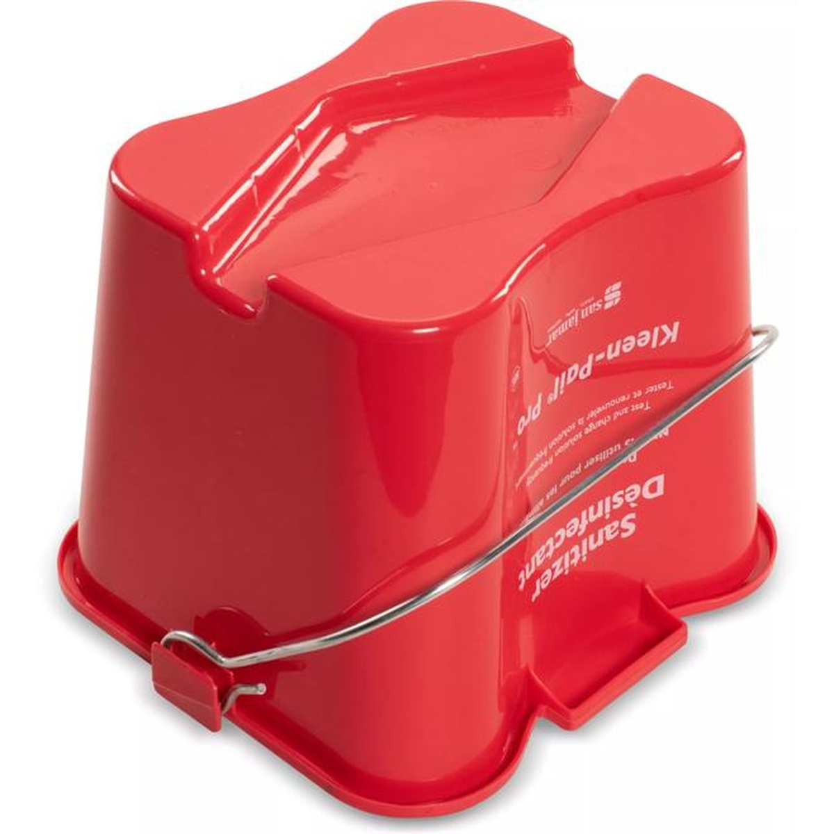 Angled bottom perspective view of red Kleen-Pail Pro showing sanitary raised base grips and bail handle attachment points