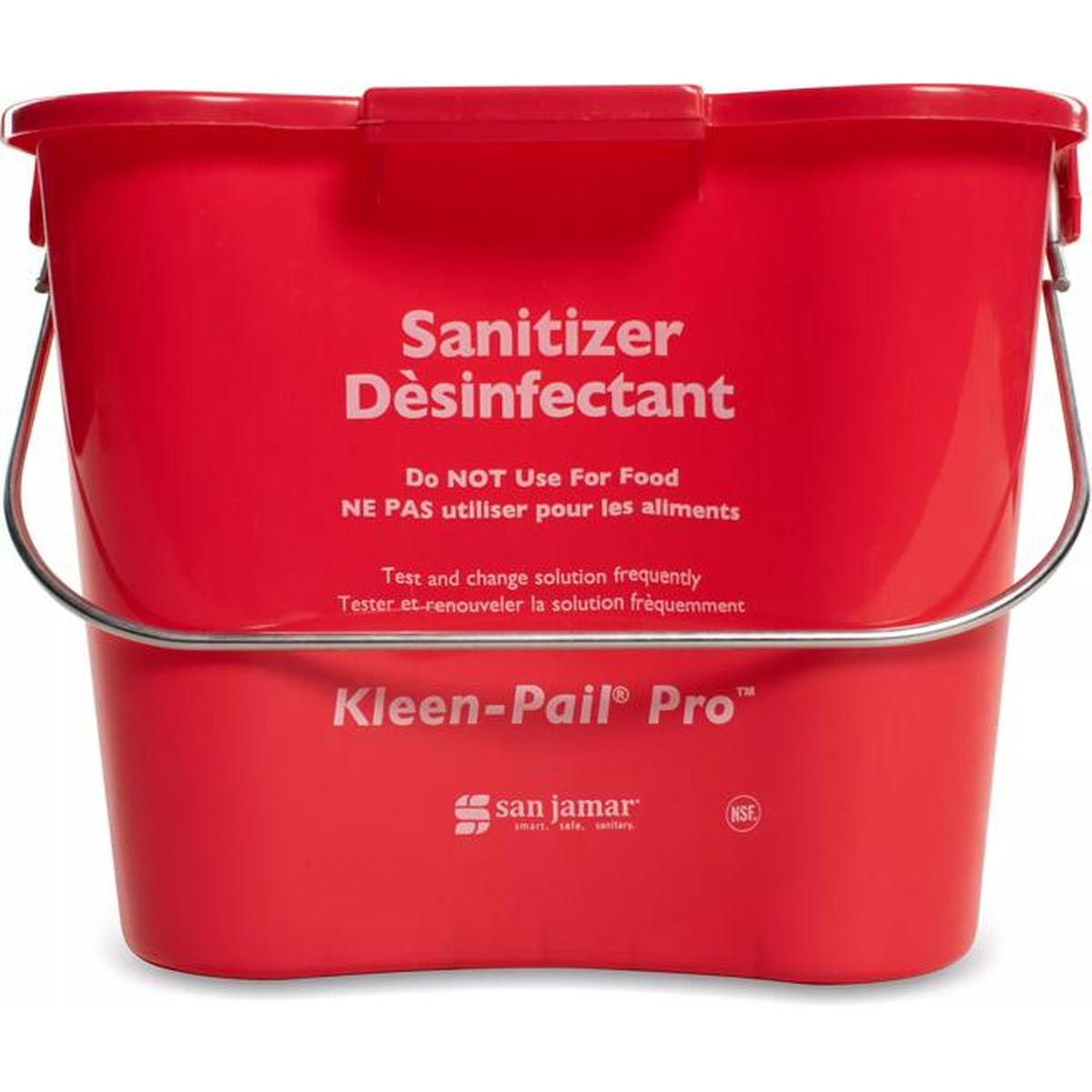 San Jamar Kleen-Pail Pro 3 Quart red sanitizing pail front view with Sanitizer label and bail handle
