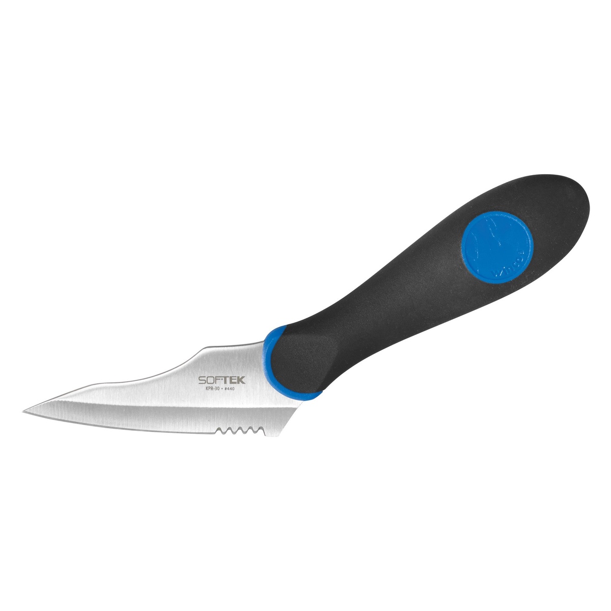 Winco KPR-30 Sof-Tek All-Purpose Utility Knife with black and blue TPR handle and partial serrated stainless steel blade