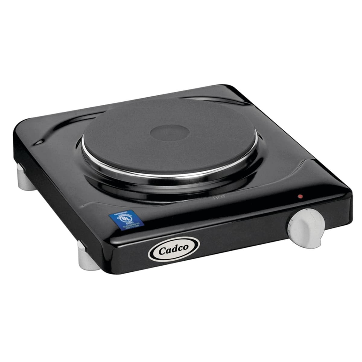 Cadco KR-1 single burner electric hot plate with black enameled housing and control knob