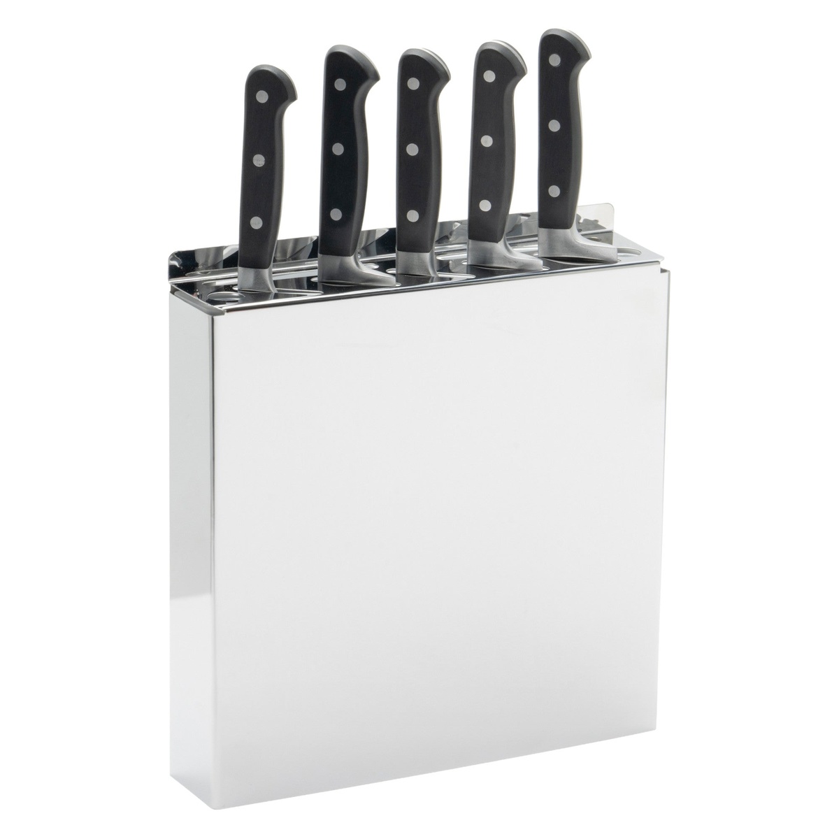 Winco KR-9 stainless steel knife rack loaded with multiple kitchen knives inserted into top slots