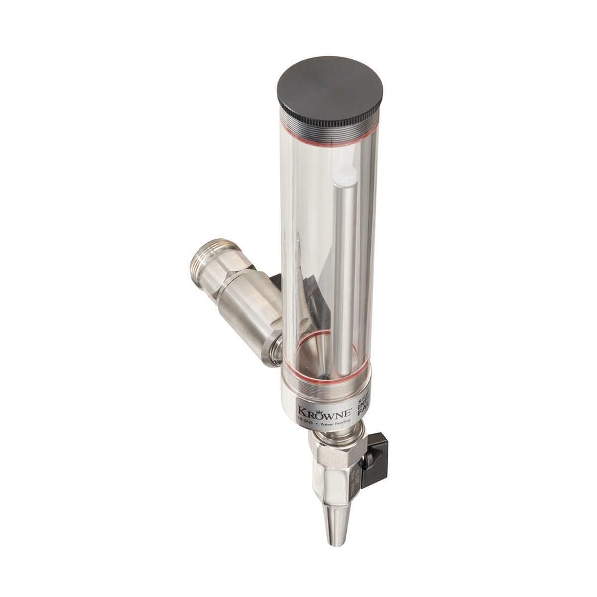 Krowne KR-SNS Sight N Sip dispensing faucet angled top view showing clear sight glass tube and stainless steel body