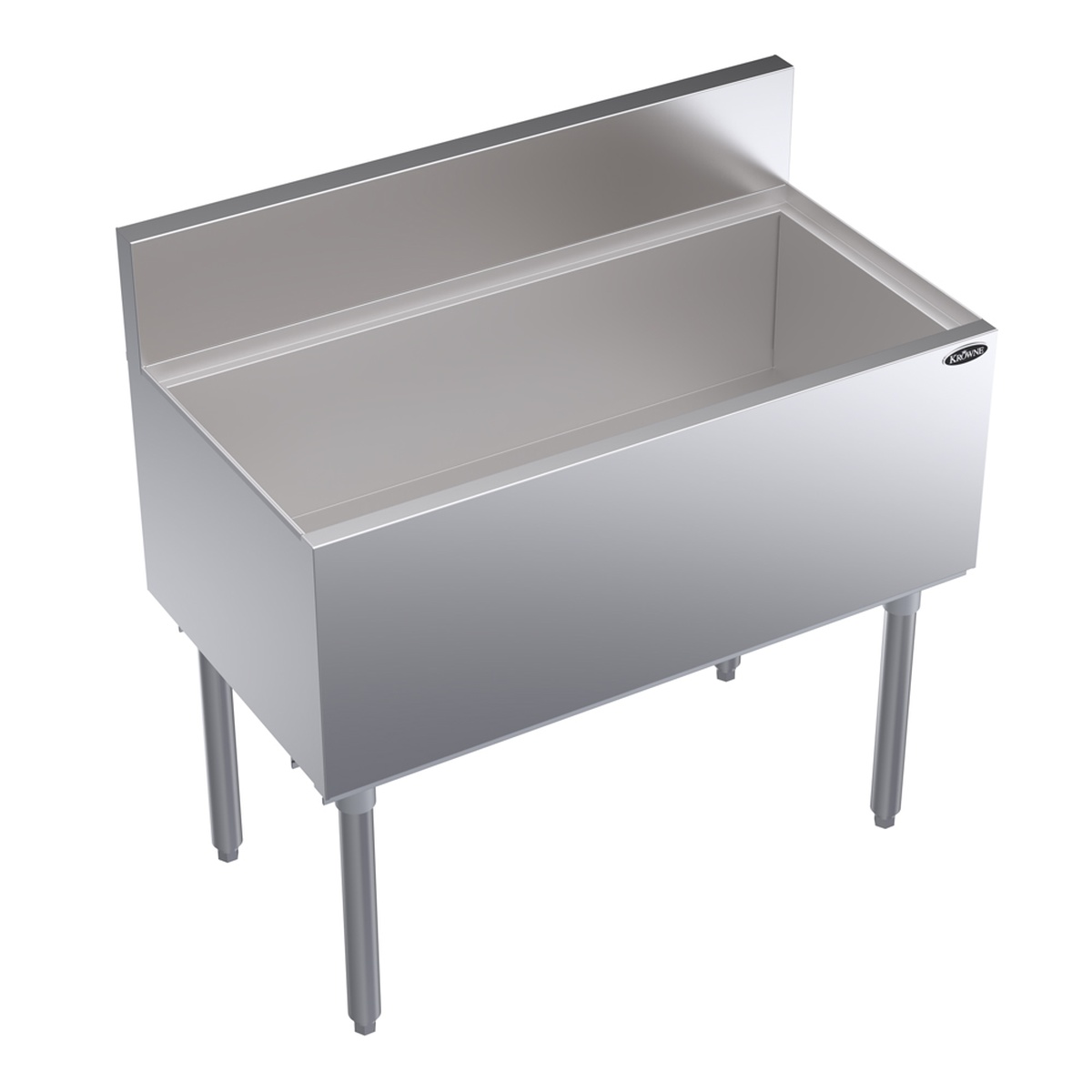Krowne KR19-36 Royal Series 36-inch stainless steel underbar ice bin with backsplash and tubular legs on white background