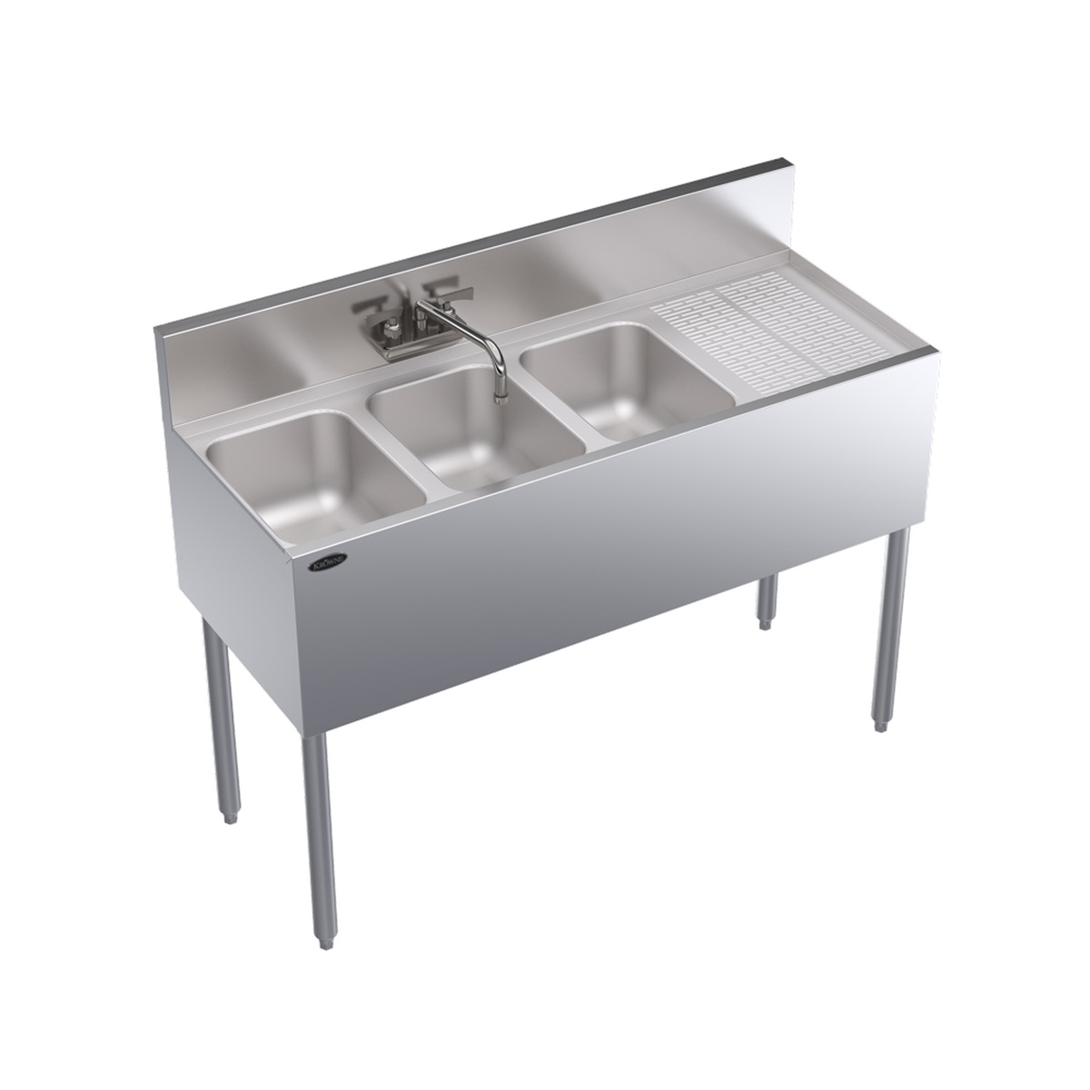 Krowne KR19-43L Royal Series 48-inch three compartment underbar sink with right drainboard and wall mount faucet