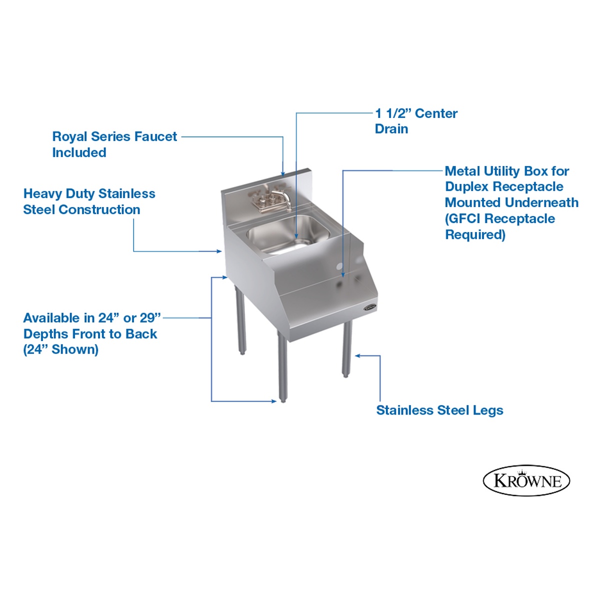 Krowne KR24-14BD Royal Series underbar blender dump sink station with stainless steel legs, dump sink bowl, wall mount faucet, and recessed blender shelf