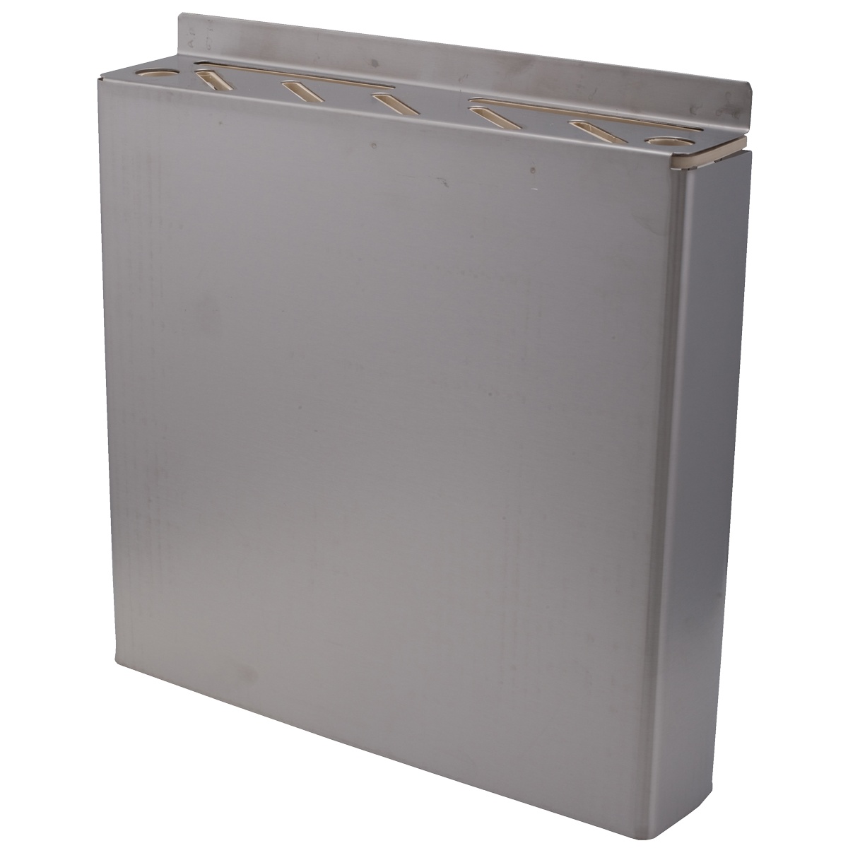 Libertyware KRSS stainless steel wall-mount knife rack showing 5 knife slots and 2 sharpener holes along the top edge