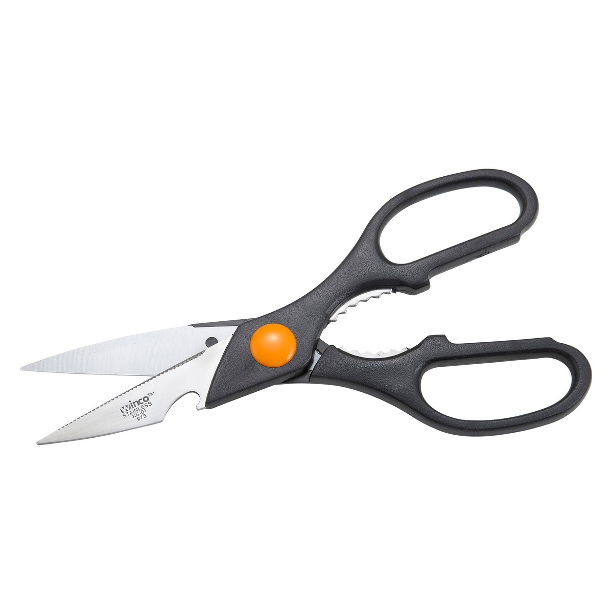 Winco KS-01 11 inch stainless steel kitchen shears with black plastic handles and built-in bottle opener.
