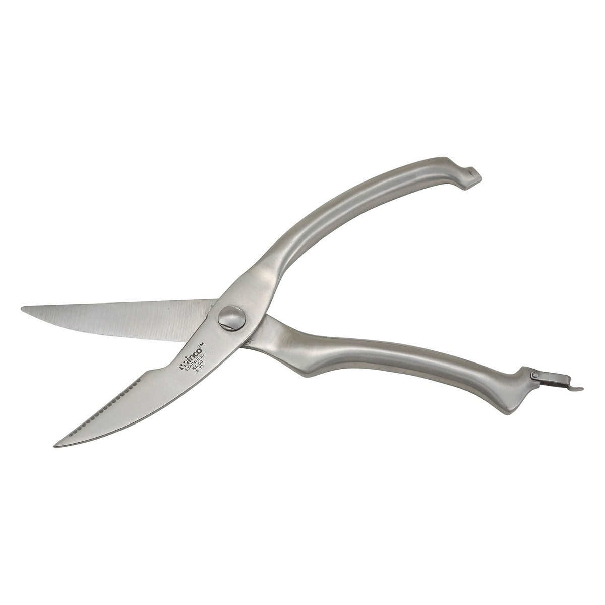 Winco KS-03 10-inch stainless steel poultry shears with locking mechanism, open position showing serrated lower blade
