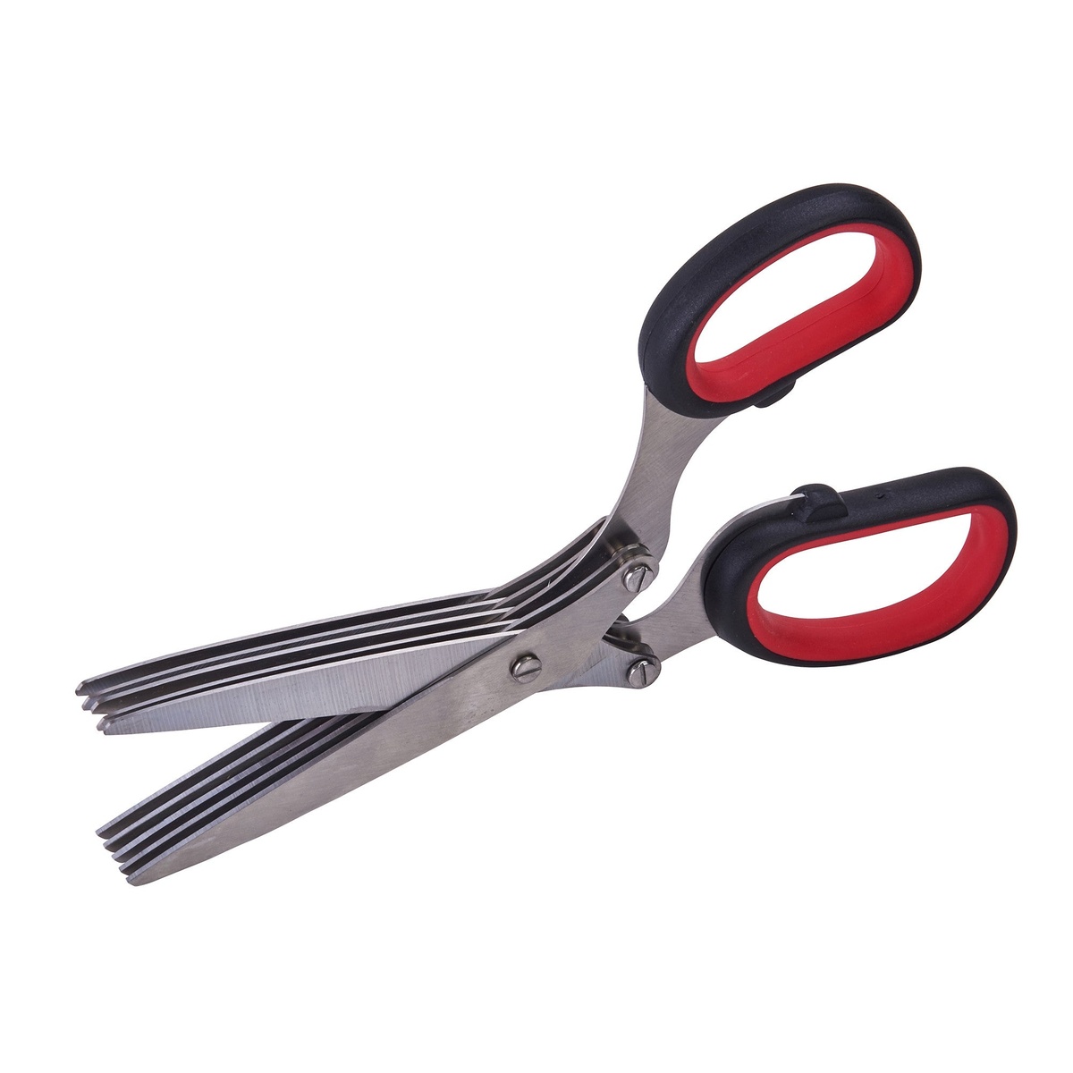 Winco KS-05 herb shears open showing five stainless steel blades and black and red ergonomic handles