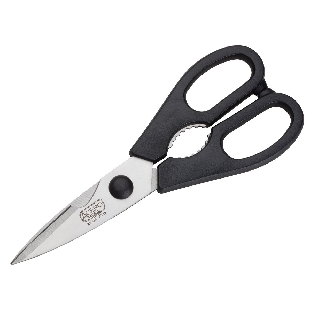 Winco KS-06 kitchen shears closed, showing stainless steel blades and black handles