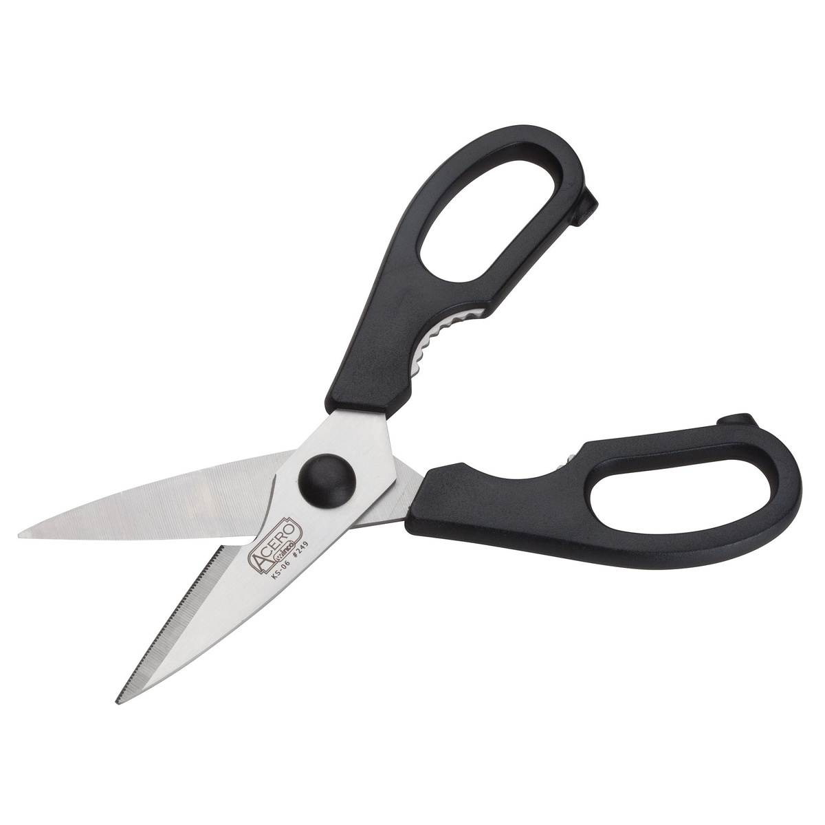 Winco KS-06 kitchen shears open, displaying the full blade spread and serrated inner edge near pivot